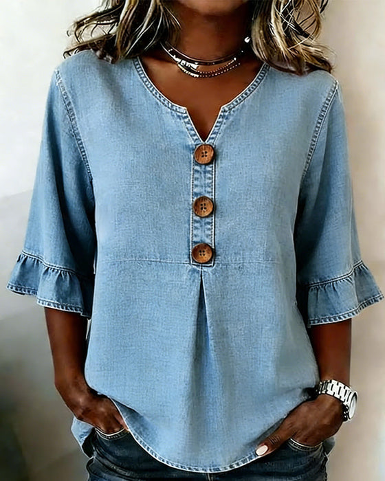 Blouse V-Hals Uitlopende Mouw Denim