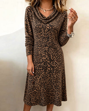 Jurk Slouchy Mock Hals Luipaard Lange Mouw