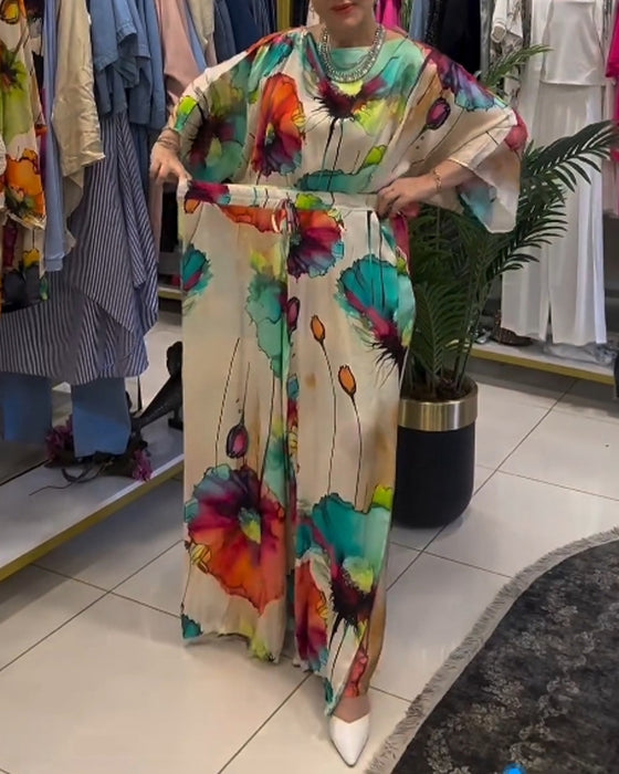 Set met driekwart mouwen met lotusprint en één schouder