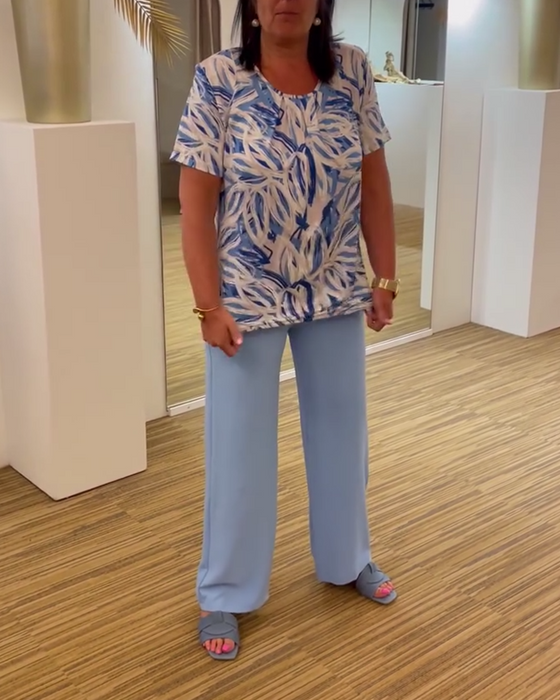 Geplooide blouse met korte mouwen en ronde hals met print