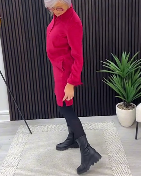 Effen Kleur Langmouwige Jurk Met Revers