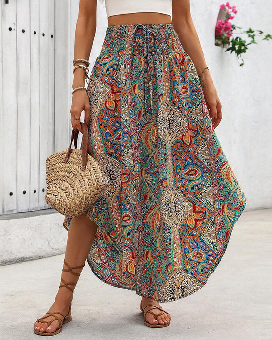 Rok Met Een Elastische tailleband, Retro - prints En Een Gekromde Saum