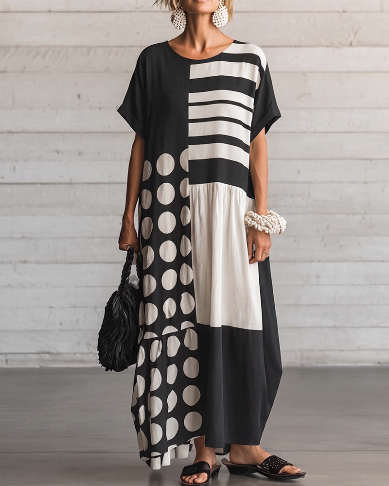 Jurk Ronde Hals Korte Mouw Stipje Patchwork