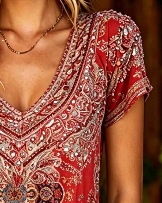 T-Shirt Boho V-Hals Bedrukt Korte Mouw