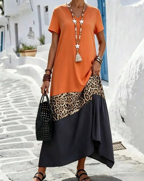 Maxi-Jurk V-Hals Kleurblok Patchwork Luipaard
