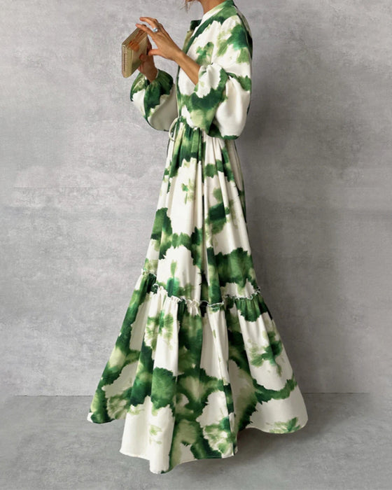 Elegante tie-dye patchwork jurk met trekkoord en ballonmouwen