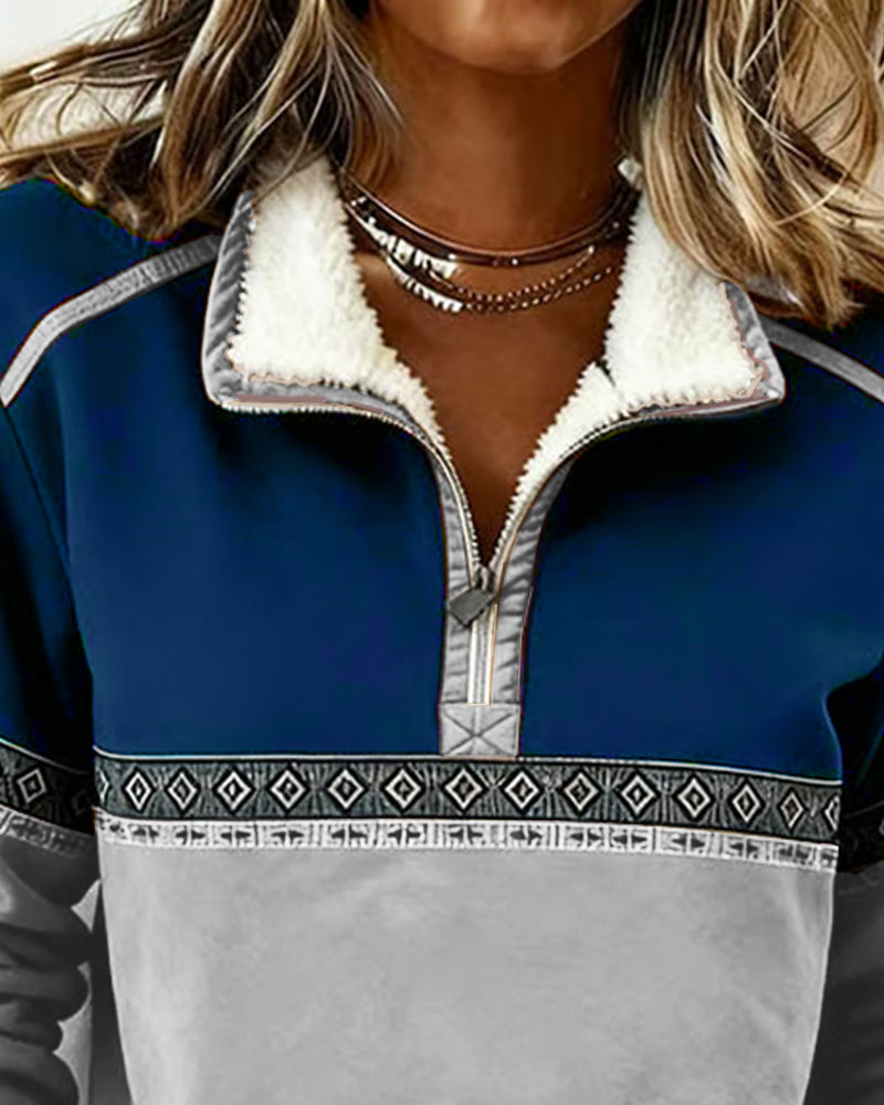 Retro Sweatshirt Met Colorblocking En Bontkraag