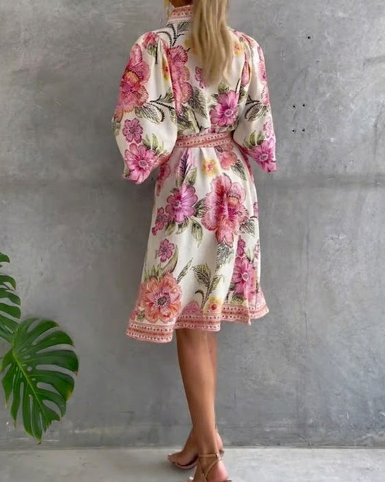 Jurk Frans Lantaarn Mouw Reverskraag Bedrukt