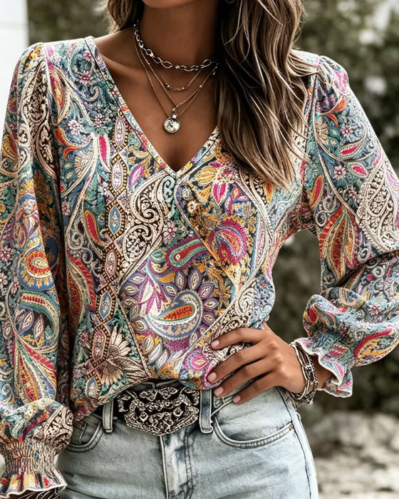Blouse V-Hals Bohemien Ballon Mouw