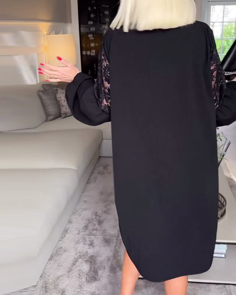 Elegante jurk met V-hals kanten holle en lange mouw