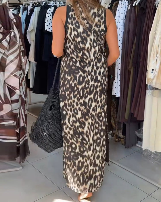 Jurk Rondhals Luipaardprint Mouwloos Maxi