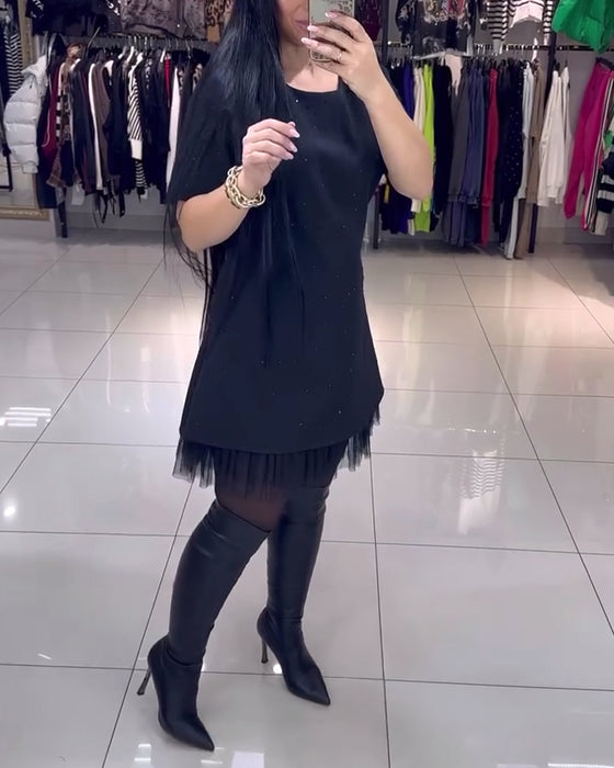 Jurk Met Korte Mouwen En Mesh Rok En Kralenstiksels