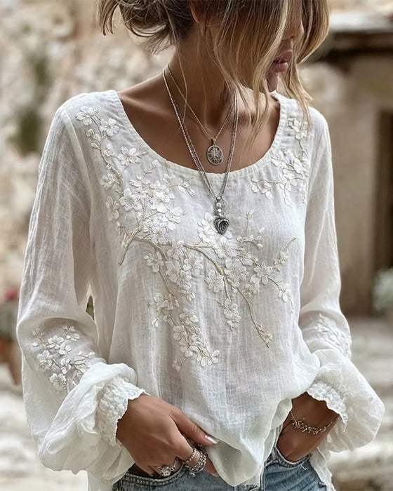 Blouse Gestructureerde Kersenbloesem Geborduurde Ronde Hals