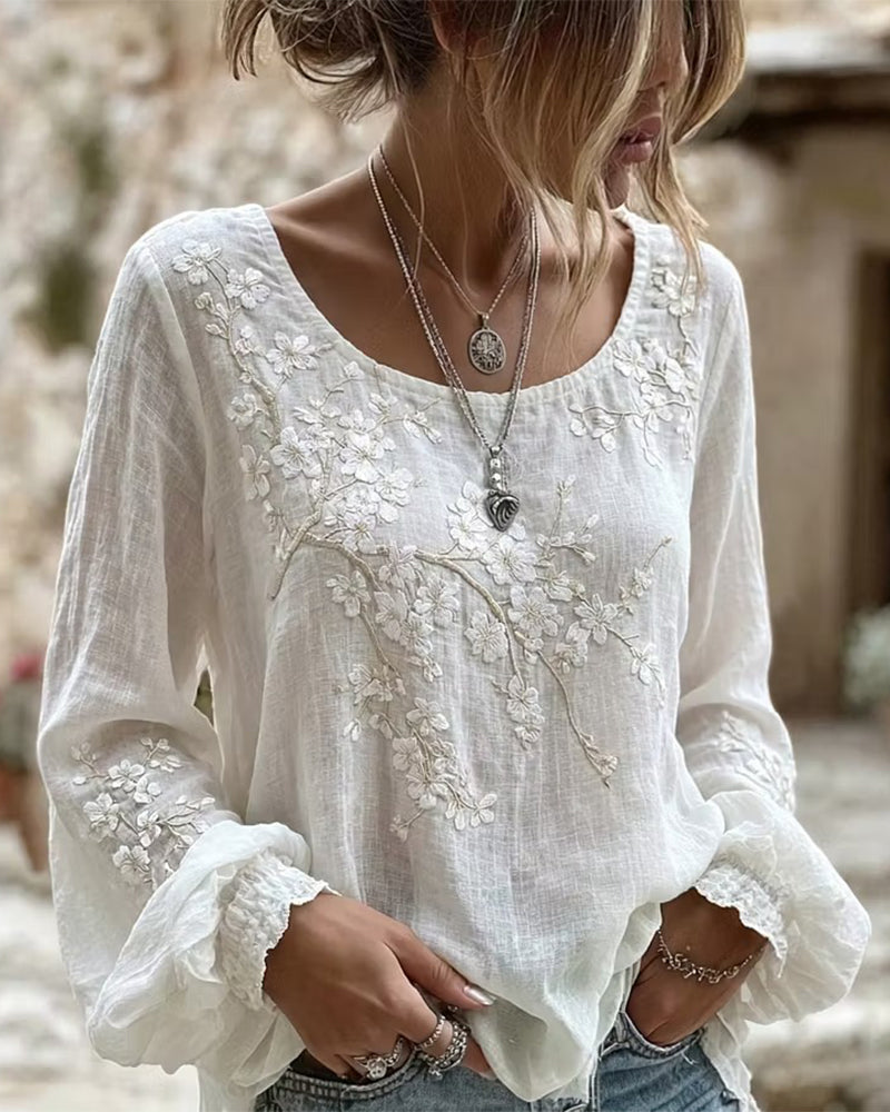 Blouse Gestructureerde Kersenbloesem Geborduurde Ronde Hals