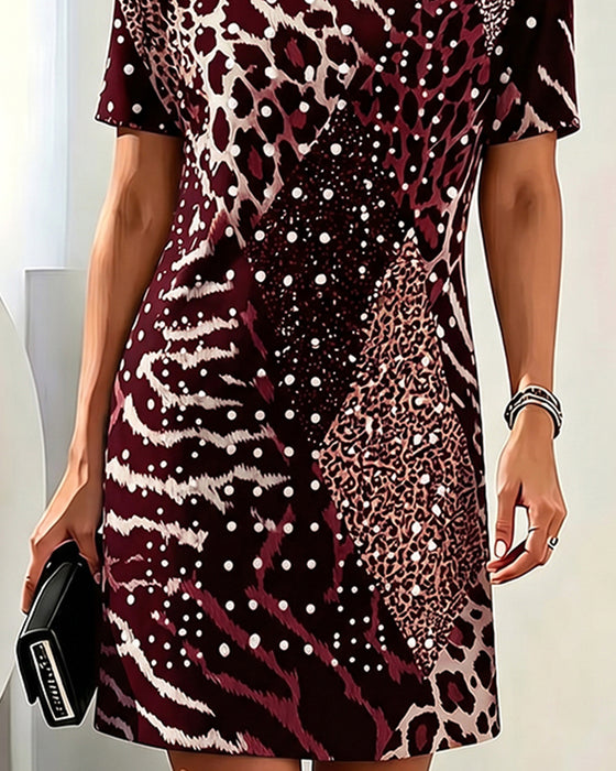 Jurk Luipaardprint Rondhals Kortmouw Patchwork