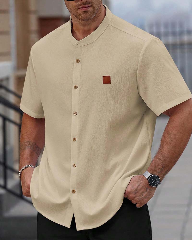 Shirt Gestructureerde Opstaande Kraag Korte Mouw