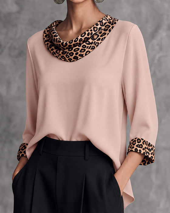 Blouse Luipaard Paneel Cowl Hals Ellebooglange Mouw