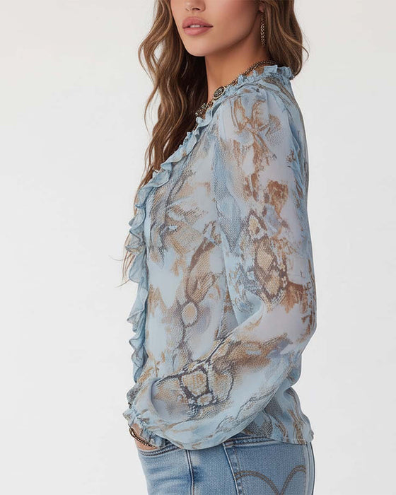 Bedrukte Blouse Met Lange Mouwen, Ritssluiting En Ruches