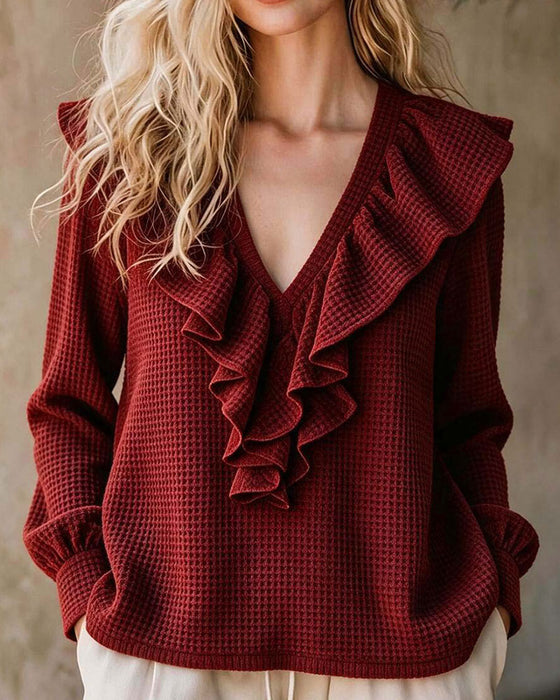 Blouse Wafelgebreid V-Hals Ruffle