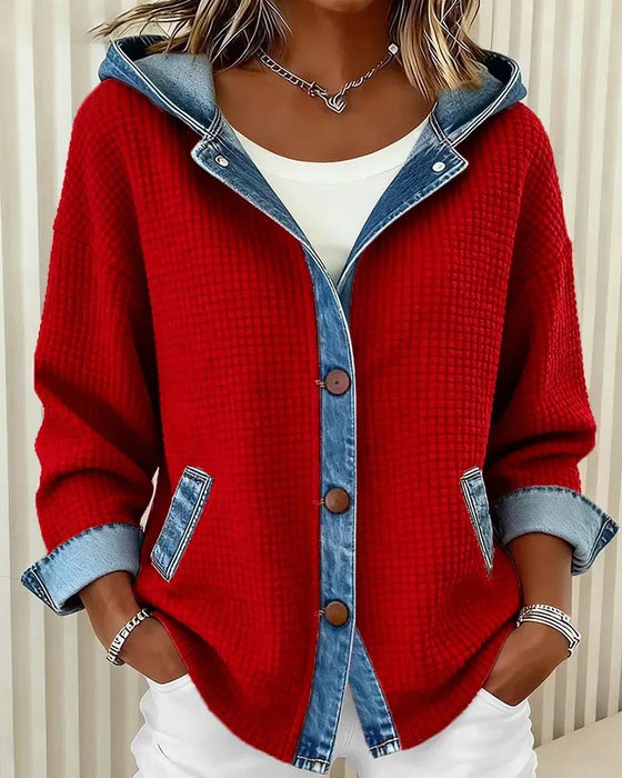 Jas Capuchon Knoop Denim Patchwork