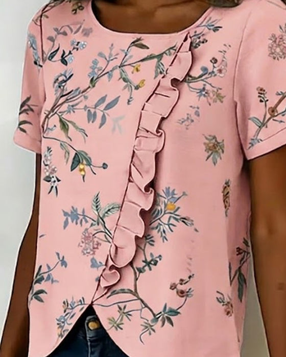Blouse Ronde Hals Korte Mouw Ruche Bloemen