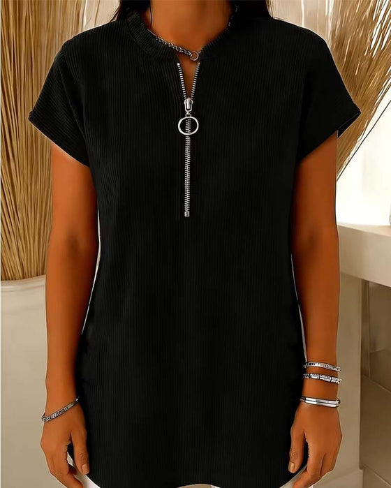 Blouse Effen Korte Mouw Rits