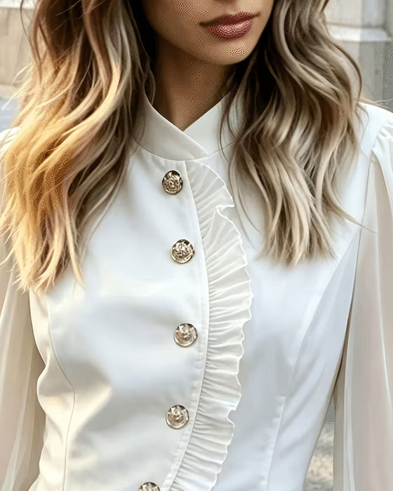 Blouse Mini Mandarin Kraag Sheer Ruffle