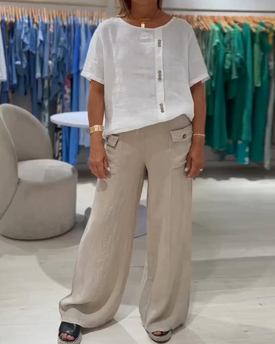 Casual Losse T-shirt Met Knop