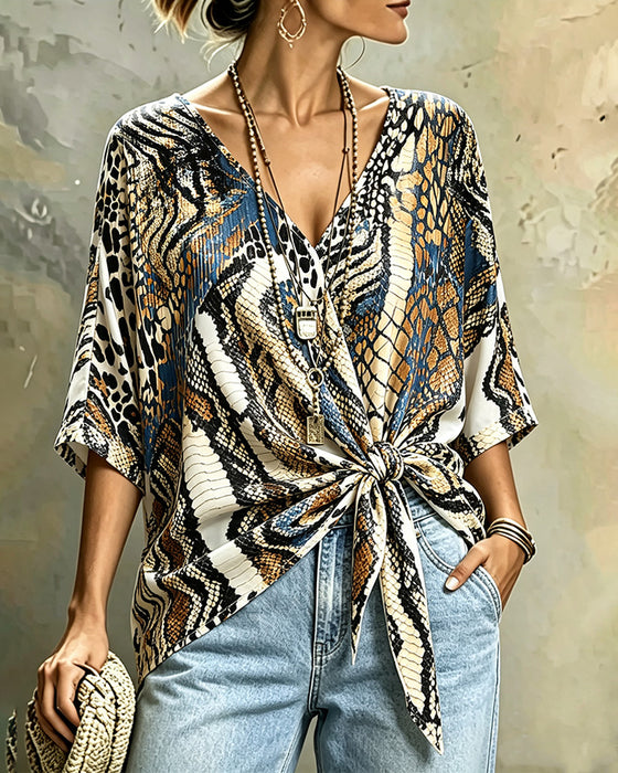 Top Dierenprint Patchwork V-Hals Bandage