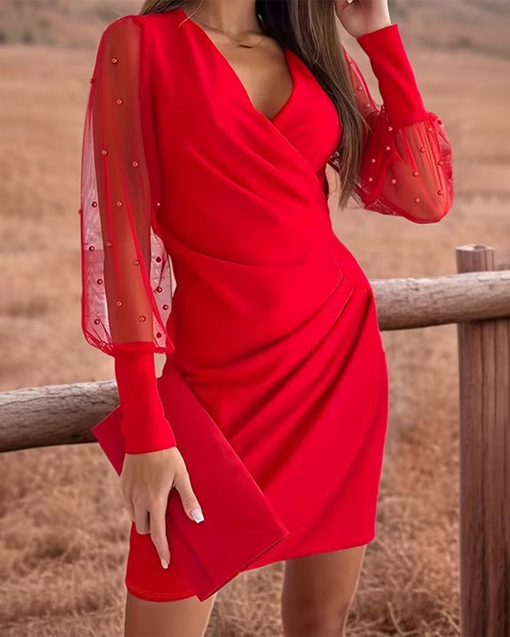 Jurk Mesh V-Hals Mode Patchwork