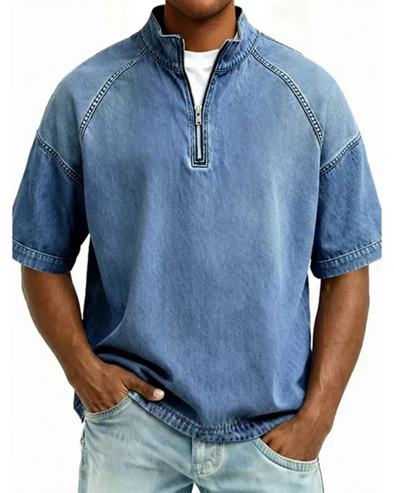 Overhemd Met Washed Look En Rits Korte Mouw