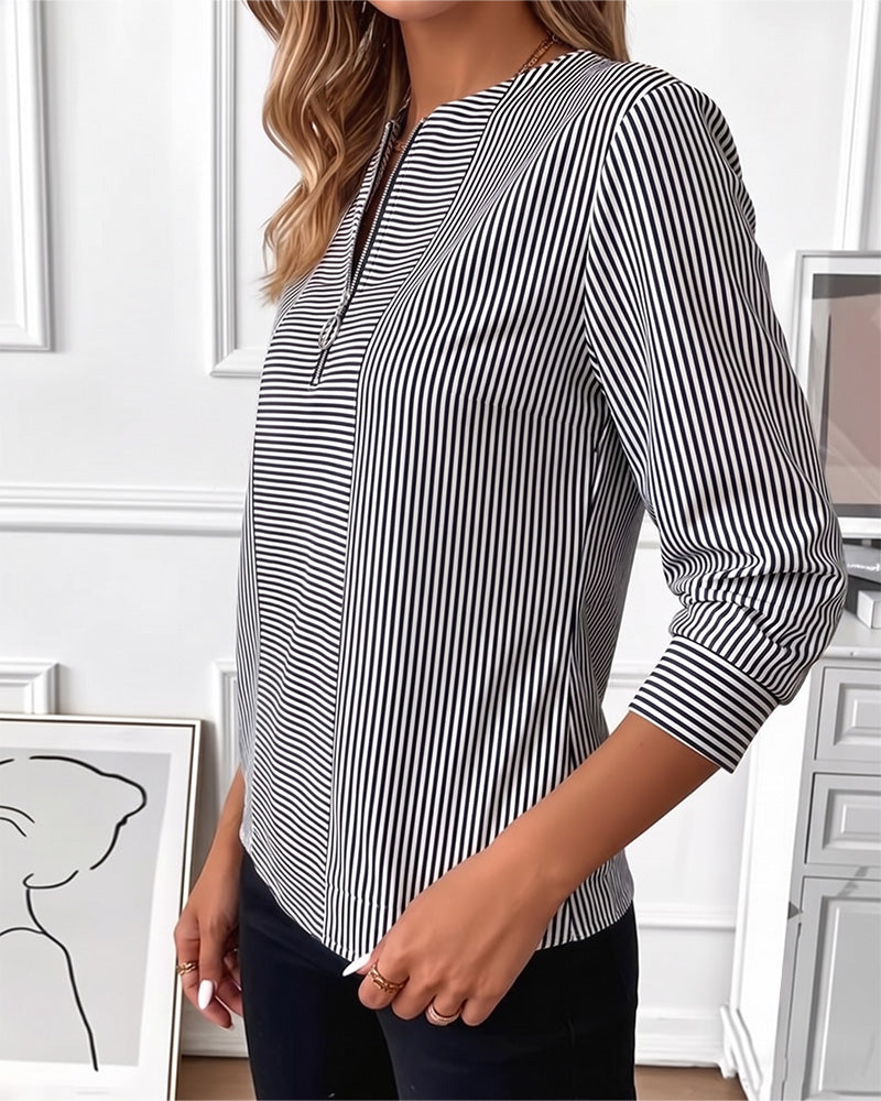 Blouse Gestreept Patchwork Rits Dicht