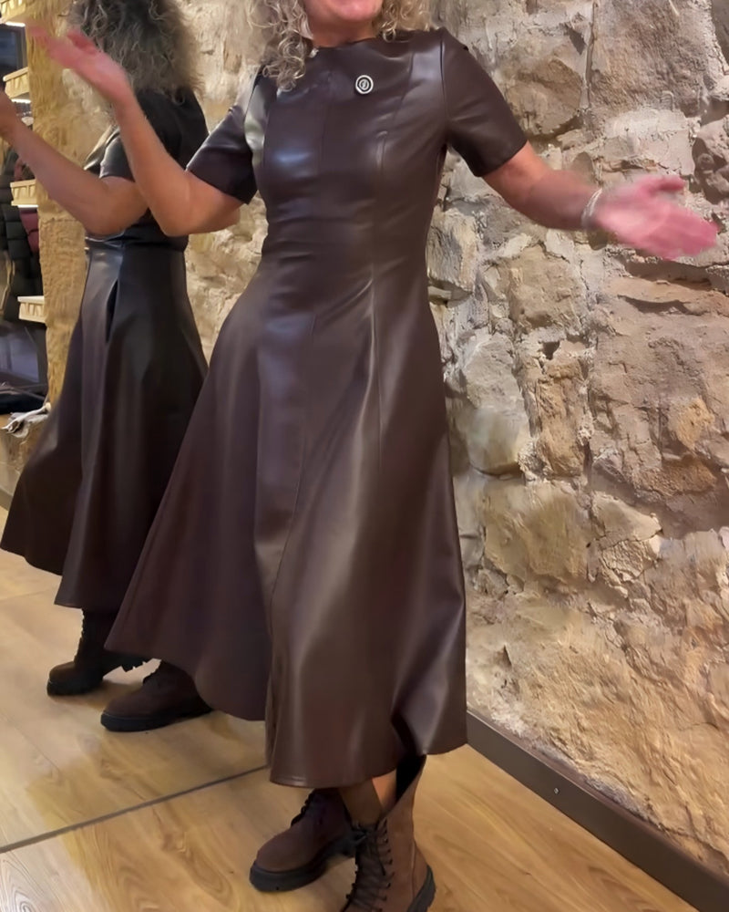 Jurk Pu Leren Getailleerd Korte Mouwen