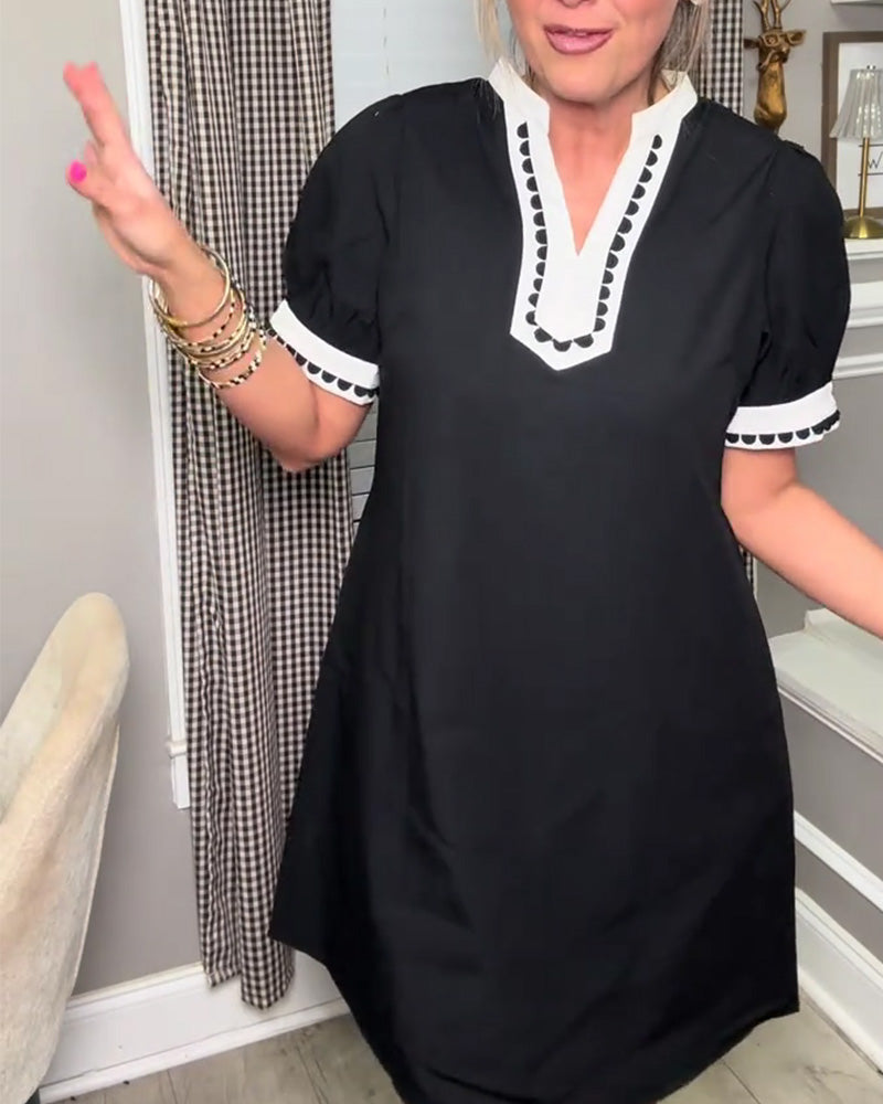 Jurk Bel Mouw Kleurenblok V-Hals