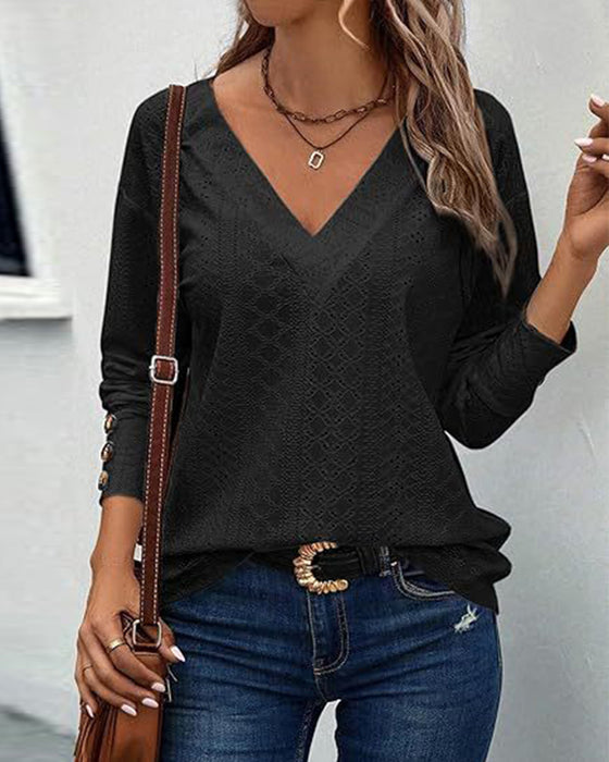 Blouse casual v-hals hol effen kleur