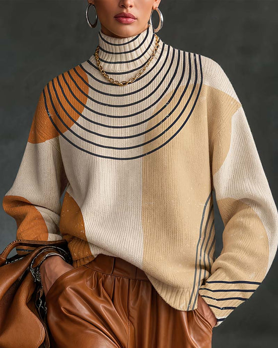 Pullover Geometrische Lijn Kleurblok Hoge Hals
