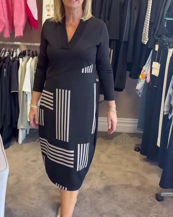 Jurk Geometrische Streep V-Hals Bodycon Midi