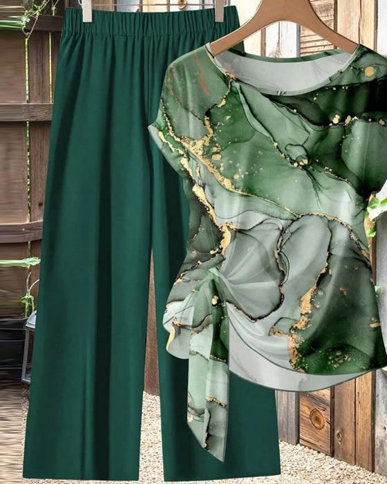 Set Knoop Blouse Print Wijde Been Broek