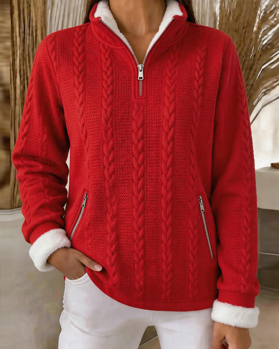 Sweatshirt Kabelbrei Fleece-Gevoerd Halve Rits