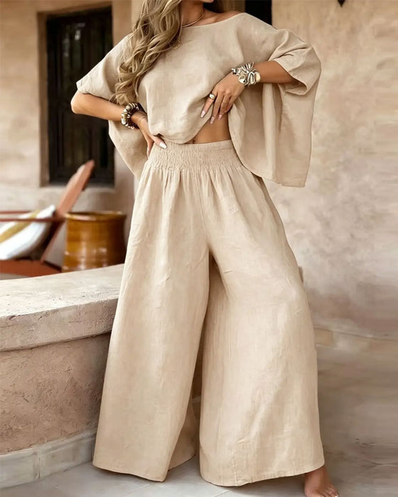 Set Effen Kleur Vleermuismouw Top Wijde Pijp Broek