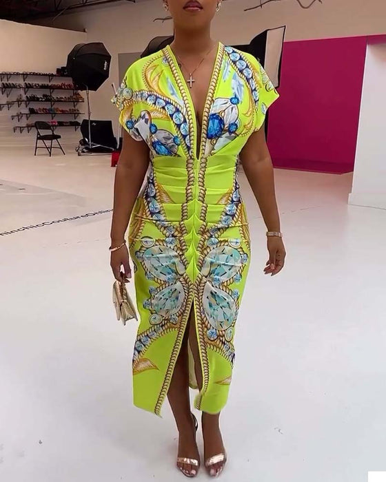 Jurk met diepe V-split en print