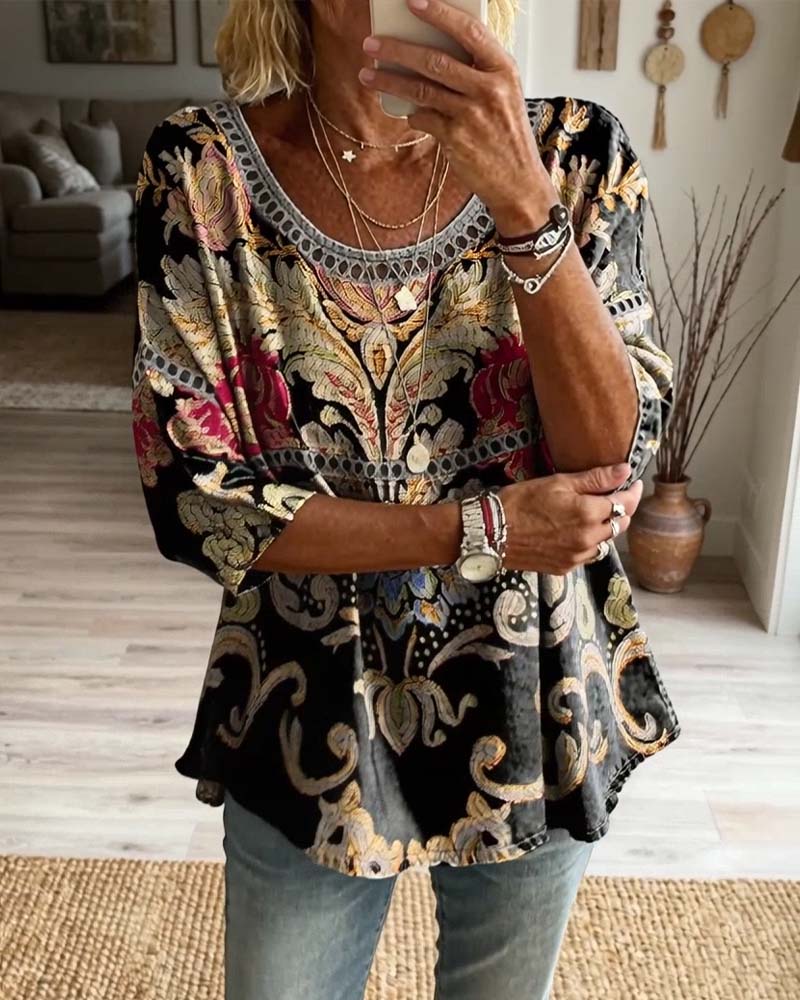 Blouse Bohemian Opengewerkt Bedrukt