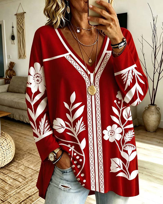 Top V-Hals Bloemen Print