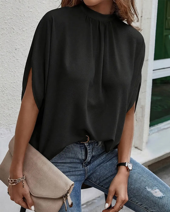 Blouse Mock Neck Geplooid Driekwart Mouw Effen