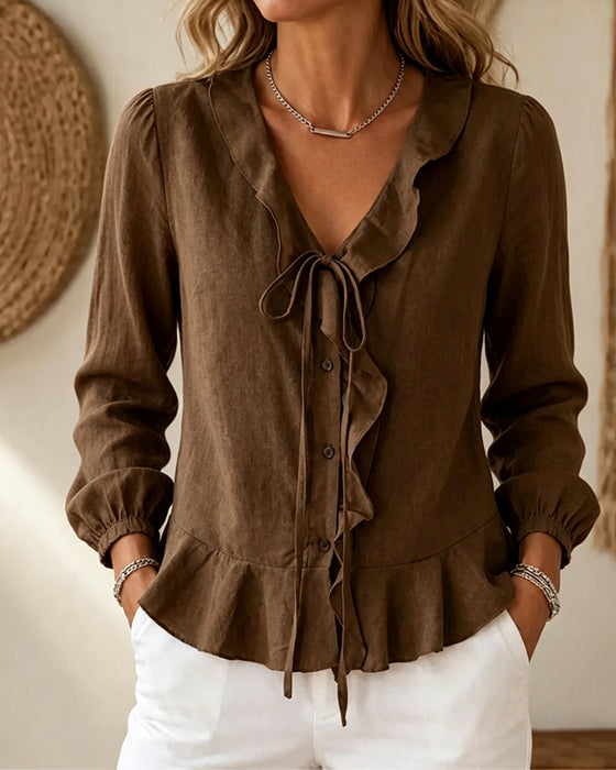 Blouse V-Hals Ruffle Stropdas Lange Mouw
