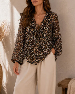 Top V-Hals Vetersluitsel Luipaardprint Lange Mouw