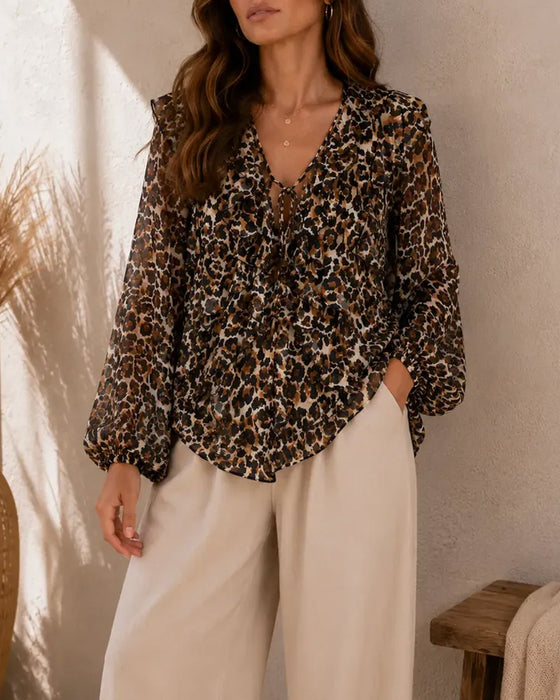 Top V-Hals Vetersluitsel Luipaardprint Lange Mouw