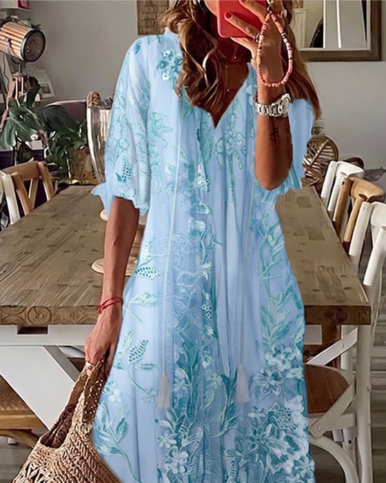Jurk V-Hals Bloemig Ruffle Volle Rok