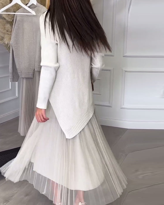 Twee-Delige Set Met Pullover En Rok In Ronde Hals En Onregelmatig Design
