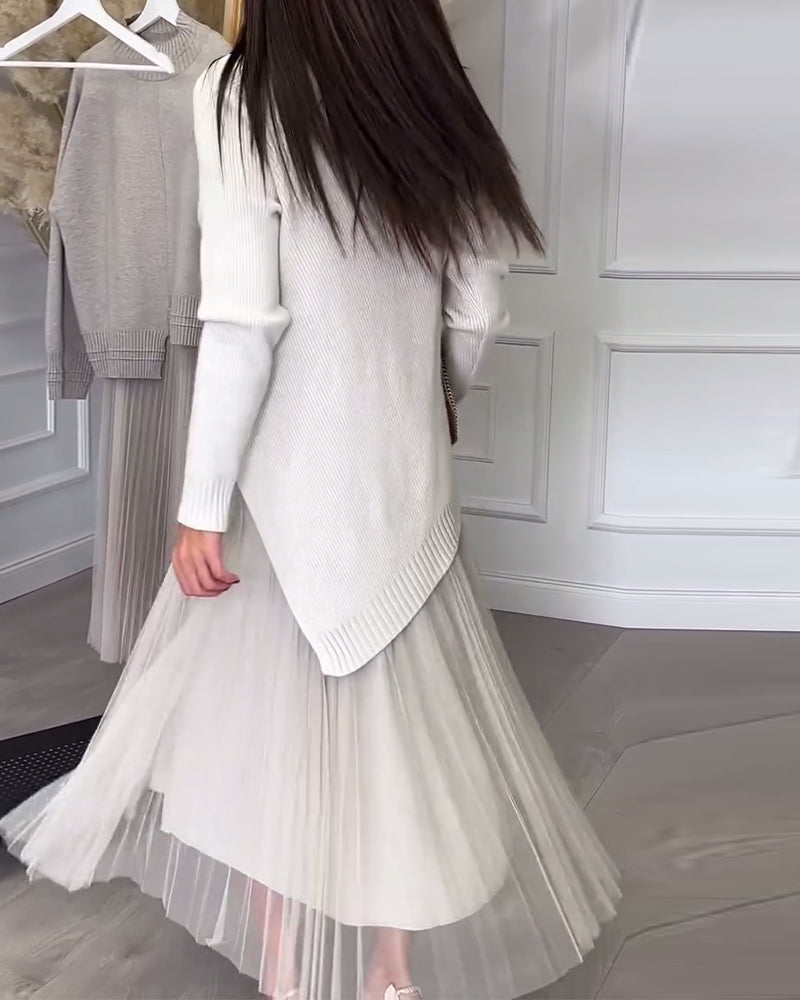 Twee-Delige Set Met Pullover En Rok In Ronde Hals En Onregelmatig Design